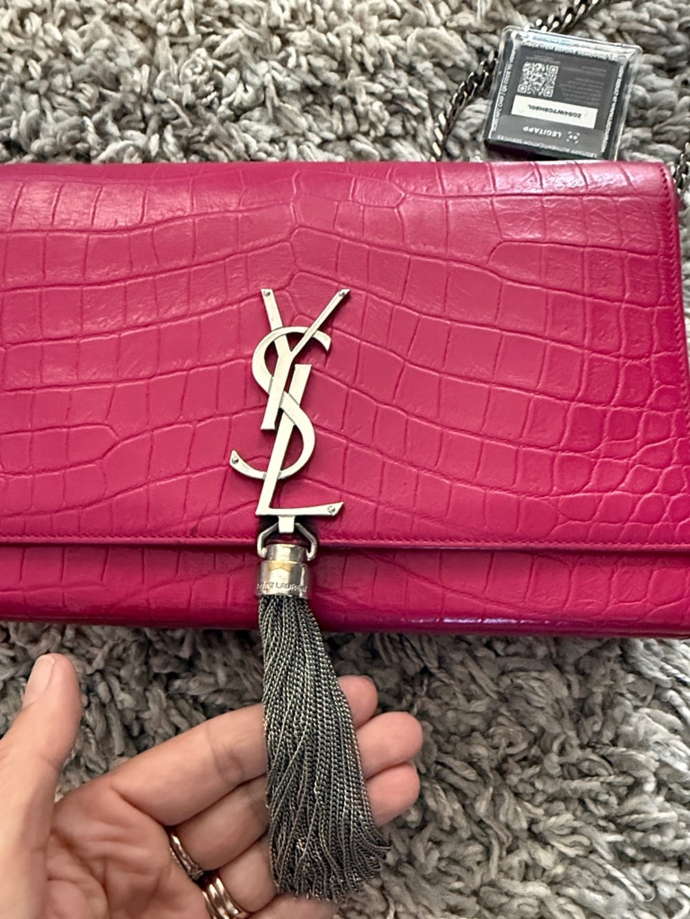 Saint Laurent Fuchsia Croc-Embossed Monogram Chain Crossbody - Picture 8 of 8